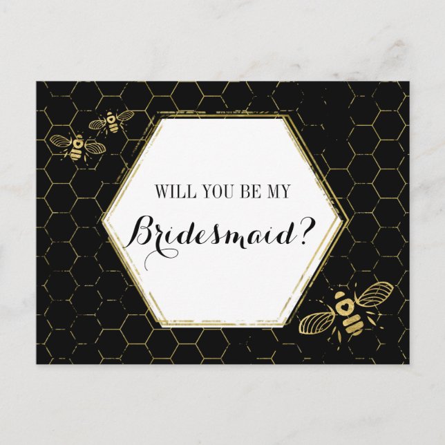 Honey Bee Black Gold Custom Bridesmaid Proposal Invitation Postcard (Front)