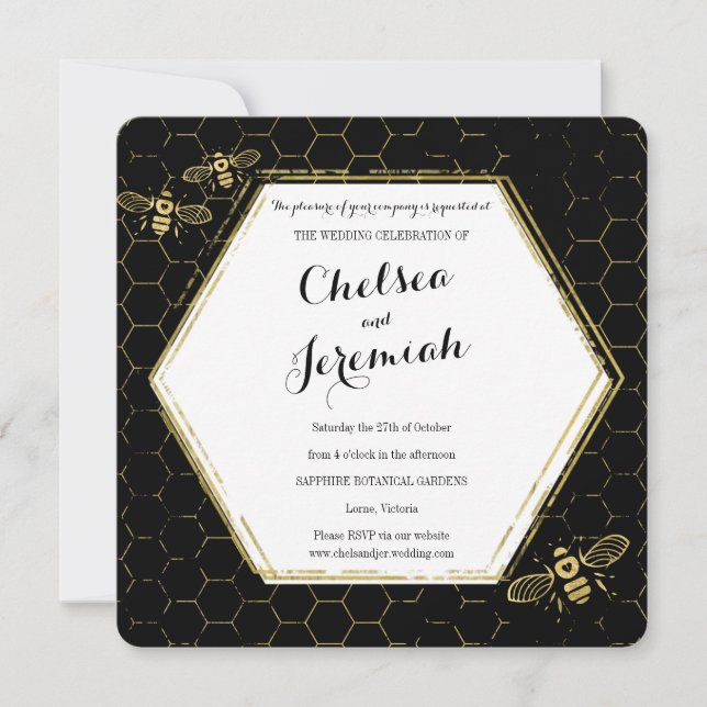 Honey Bee Black Gold Custom Wedding Invitation (Front)