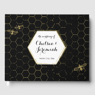 Honey Bee Black Gold Pattern Custom Wedding Guest Book