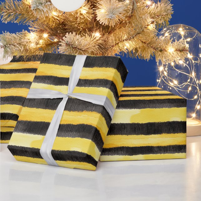 Honey Bee Black Gold Yellow Christmas Wrapping Paper (Holidays)