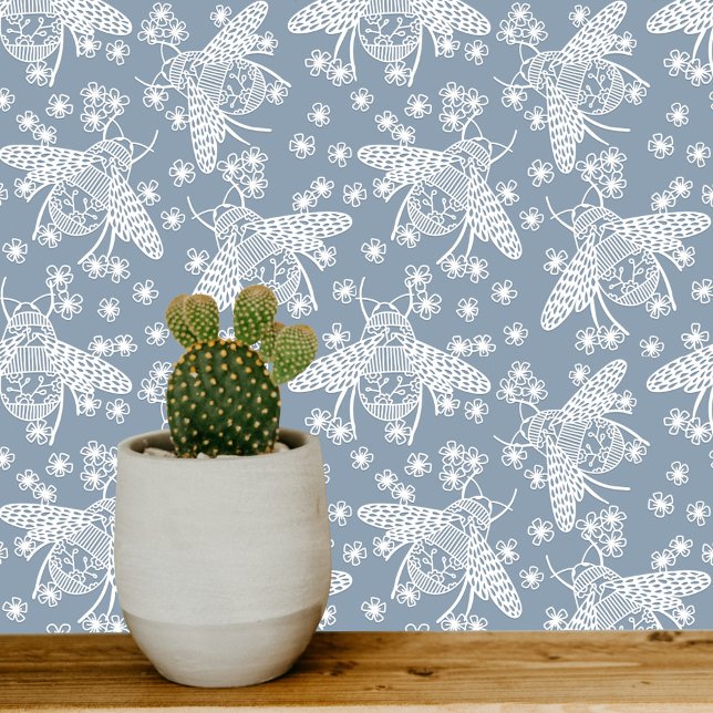 Honey Bee Blue and White Wallpaper (Blue and white honey bee pattern art wallpaper)
