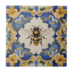 Honey Bee Blue and Yellow Decorative Ornate Tile