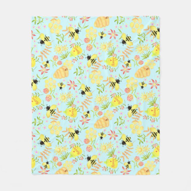 Honey Bee Blue Fleece Blanket (Front)