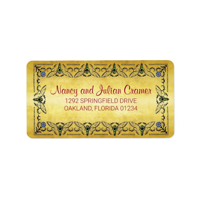 Honey Bee Border Faux Gold Leaf Address Label (Front)