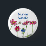 Honey Bee Cosmos Flowers Nurse Name Tag 1 Inch Round Button<br><div class="desc">A pretty button featuring bright pink cosmos flowers and a blue nigella with a honey bee drawn in ink with watercolor.  Fun button for a nurse name tag!</div>