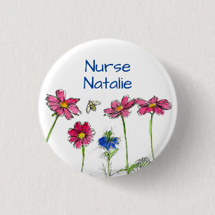 Honey Bee Cosmos Flowers Nurse Name Tag 1 Inch Round Button