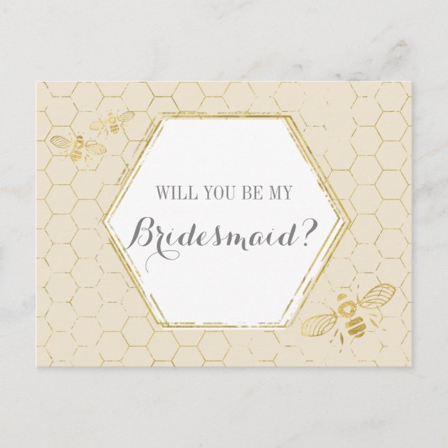 Honey Bee Cream Gold Custom Bridesmaid Proposal Invitation Postcard (Front)