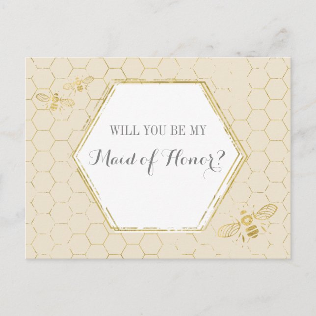 Honey Bee Cream Gold Custom Maid of Honour Proposa Invitation Postcard (Front)