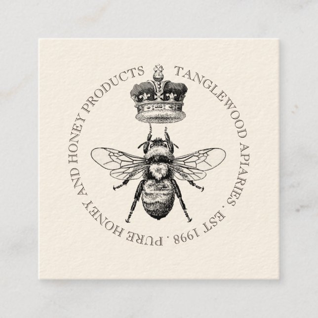 Honey Bee Crown Apiary Beekeeping | Black On Cream Square Business Card (Front)