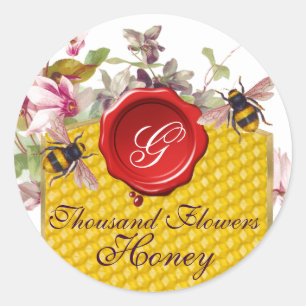 HONEY BEE,CYCLAMEN FLOWERS RED WAX SEAL MONOGRAM