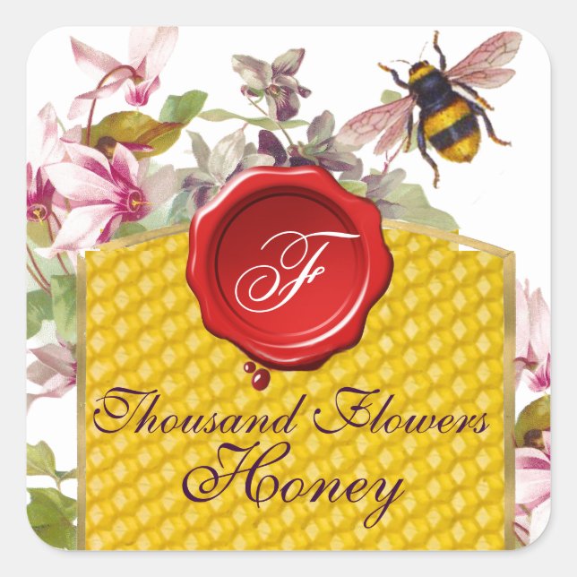HONEY BEE,CYCLAMEN FLOWERS RED WAX SEAL MONOGRAM (Front)