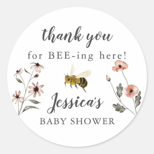 Honey Bee Floral Baby Shower Favour Classic Round Sticker (Front)
