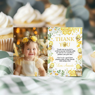 Honey Bee Floral First Bee Day Birthday Photo Thank You Card