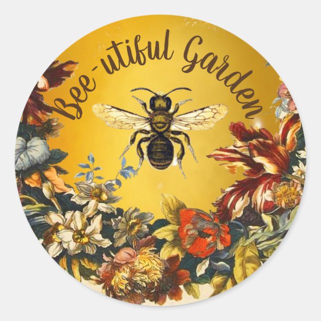 HONEY BEE FLOWER GARDEN, BEEKEEPING APIARY CLASSIC ROUND STICKER (Front)