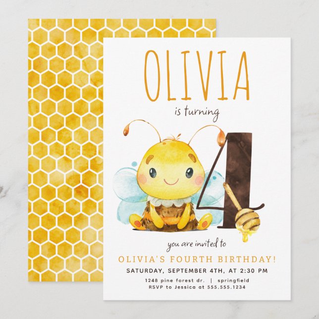 Honey Bee Fourth Birthday Invitation (Front/Back)