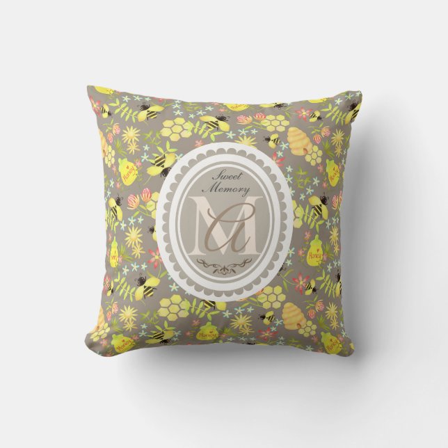 Honey Bee Grey Throw Pillow (Front)
