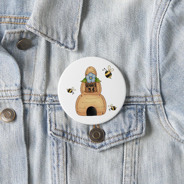 Honey Bee Hive with Blue Flower and Bees 3 Inch Round Button (Creator Uploaded)