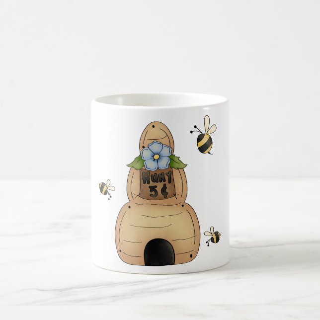 Honey Bee Hive with Blue Flower and Bees Coffee Mug (Center)
