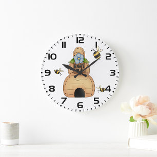 Honey Bee Hive with Blue Flower and Bees Large Clock