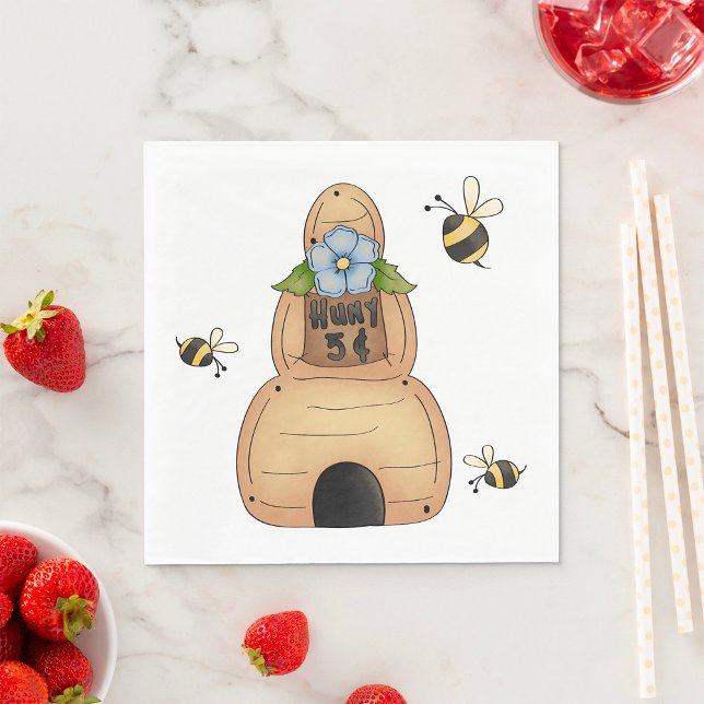 Honey Bee Hive with Blue Flower and Bees Napkin (Creator Uploaded)