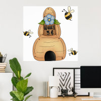 Honey Bee Hive with Blue Flower and Bees