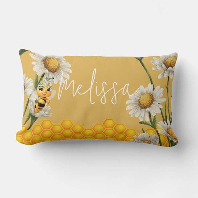 Honey Bee Honeycomb White Daisy Personalize Lumbar Pillow (Front)