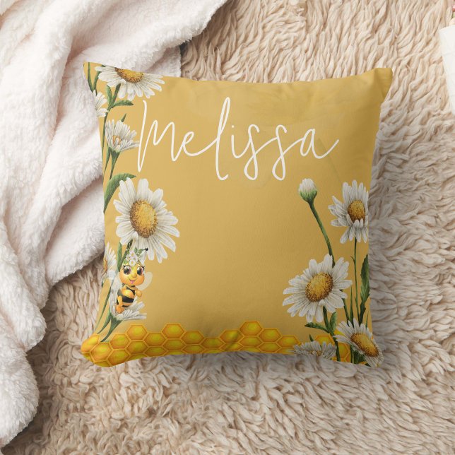 Honey Bee Honeycomb White Daisy Personalize Throw Pillow (Creator Uploaded)