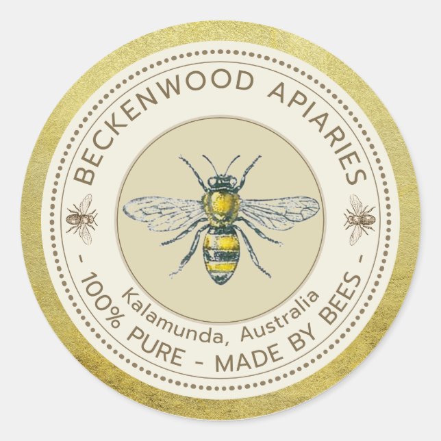 Honey Bee Label Yellow Beekeeper Apiary Gold Rim (Front)