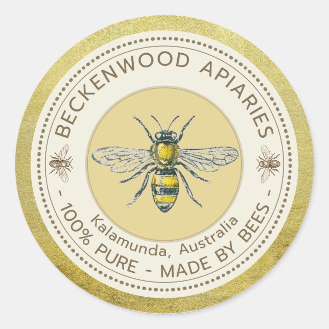 Honey Bee Label Yellow Beekeeper Apiary Gold Rim (Front)