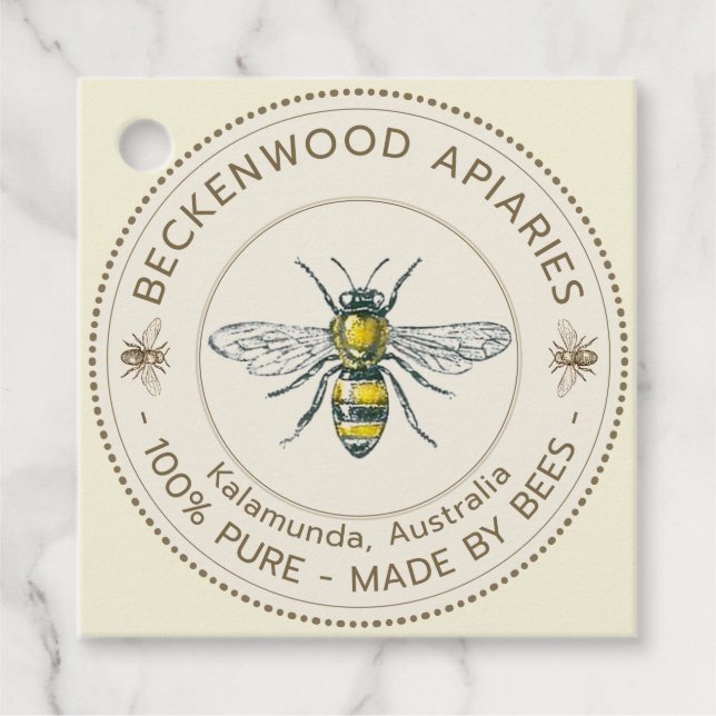 Honey Bee Label Yellow Beekeeper Apiary Hang Tag (Front)
