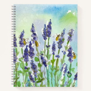 Honey Bee Lavender Flowers Watercolor Notebook