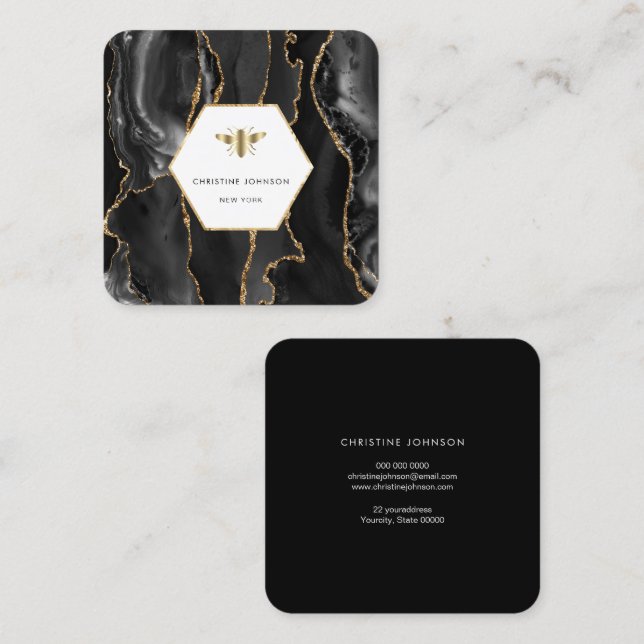 honey bee logo on black agate  square business card (Front/Back)