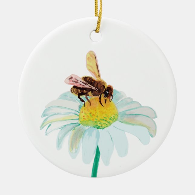 Honey Bee on a White Flower Ceramic Ornament (Front)