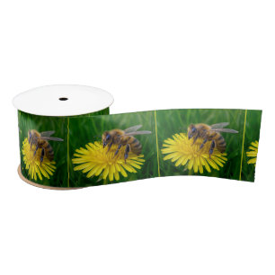 Honey Bee On a Yellow Dandelion Satin Ribbon