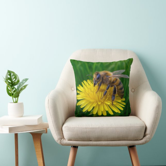 Honey Bee On a Yellow Dandelion Throw Pillow (Chair)