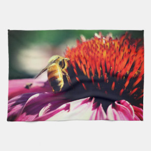 Honey Bee On Coneflower Close Up  Kitchen Towel