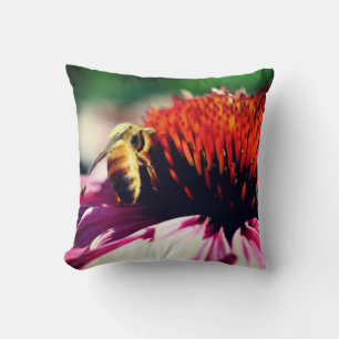Honey Bee On Coneflower Close Up  Throw Pillow