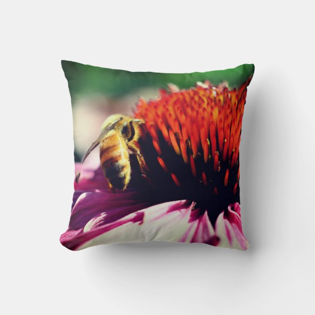 Honey Bee On Coneflower Close Up  Throw Pillow (Front)