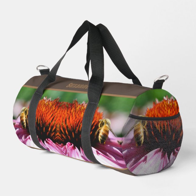 Honey Bee On Coneflower Daisy Personalized Duffle Bag (Right Corner)