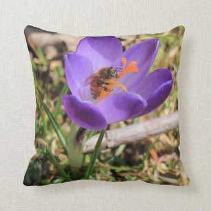 Honey Bee On Crocus Throw Pillow