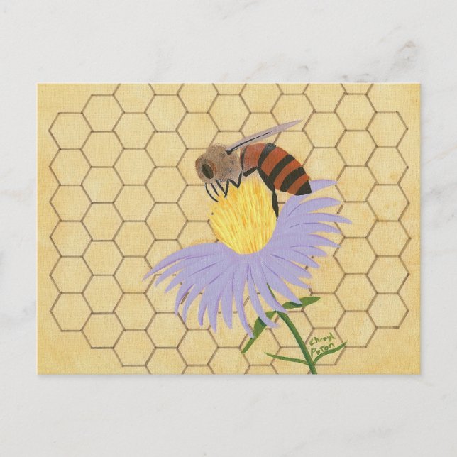 Honey bee on flower honeycomb background postcards (Front)