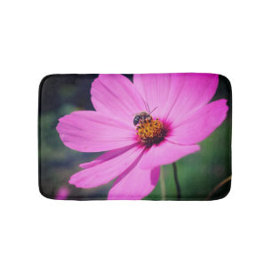 Honey Bee On Pink Cosmos Flower Close Up  Bath Mat
