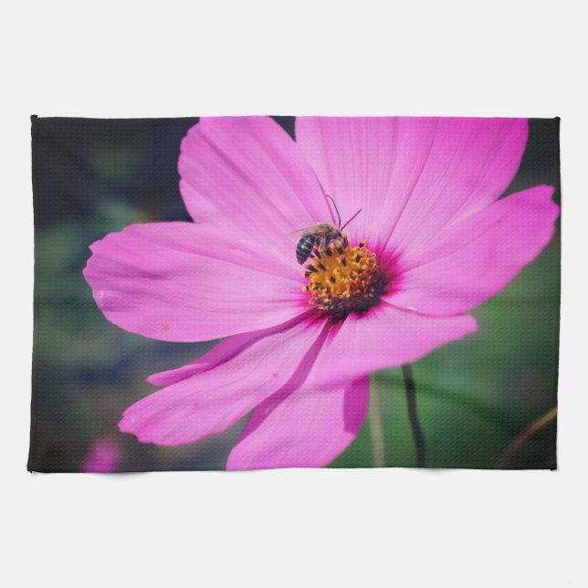 Honey Bee On Pink Cosmos Flower Close Up  Kitchen Towel (Horizontal)
