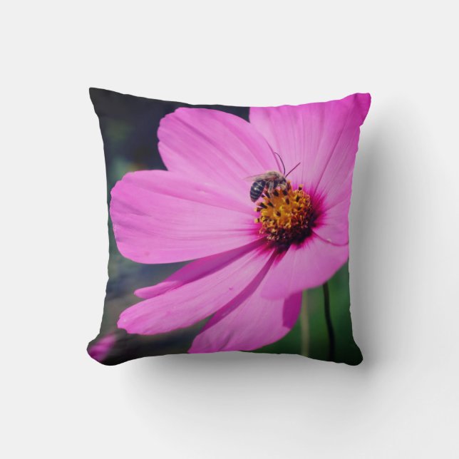 Honey Bee On Pink Cosmos Flower Close Up  Throw Pillow (Front)
