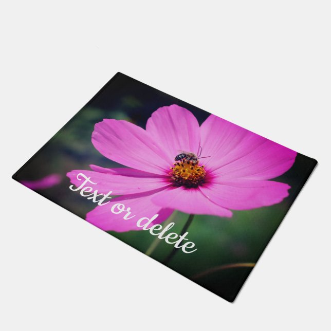 Honey Bee On Pink Cosmos Flower Personalized Doormat (Angled)