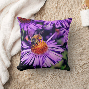 Honey Bee On Purple Aster Flower Throw Pillow