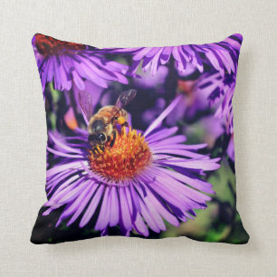 Honey Bee On Purple Aster Flower  Throw Pillow