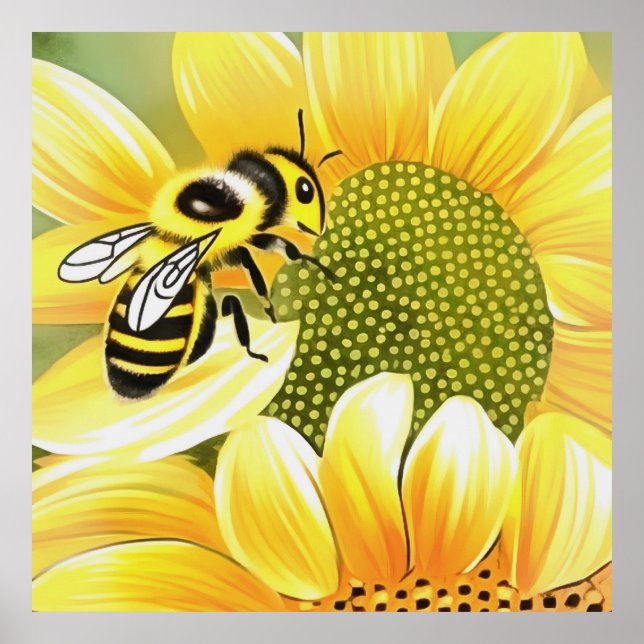 Honey Bee On Sunflower Cute Naive Art Poster (Front)