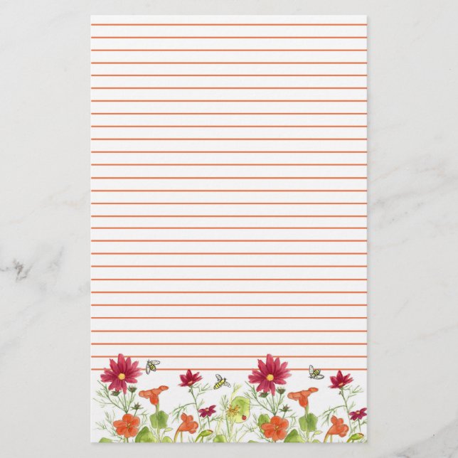 Honey Bee Orange Nasturtiums Red Cosmos Lined Stationery (Front)