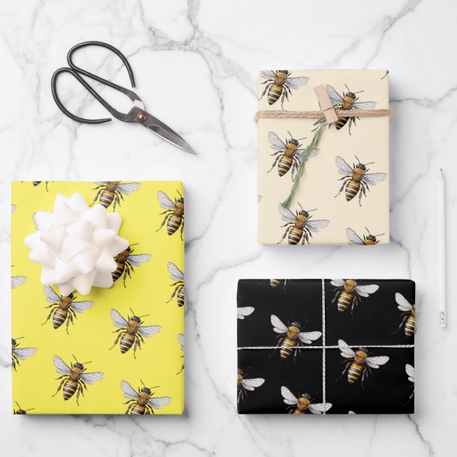 Honey Bee Pattern Yellow Black Wrapping Paper Sheet (Front)